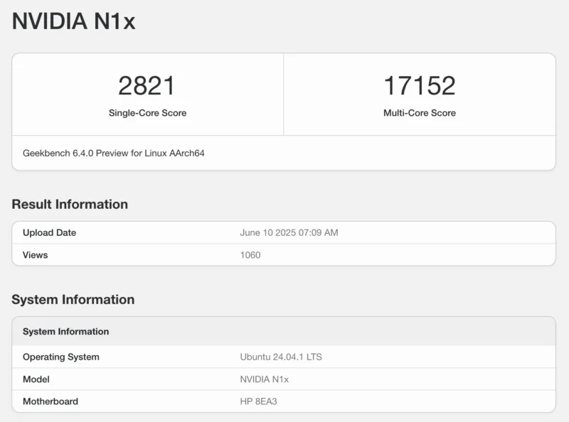 N1X Geekbench 6 result for HP system 8EA3 running Ubuntu 24