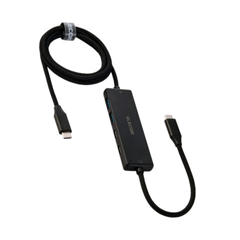 エレコム、充電ケーブル一体型のUSBハブ発売 100W入力対応でPC給電と4ポート増設を1台に